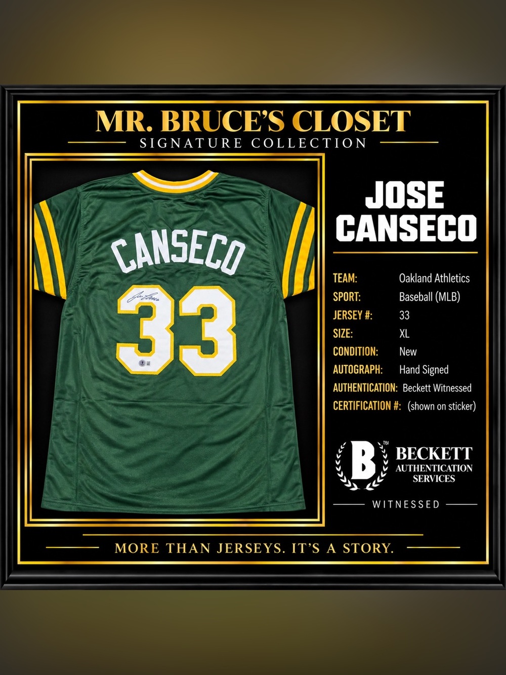 Jose Canseco Signed Oakland Athletics A’s #33 Jersey Beckett Witnessed XL